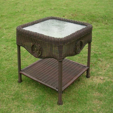International Caravan Wicker Glass Top Side Table, Antique Pecan 3196-AP